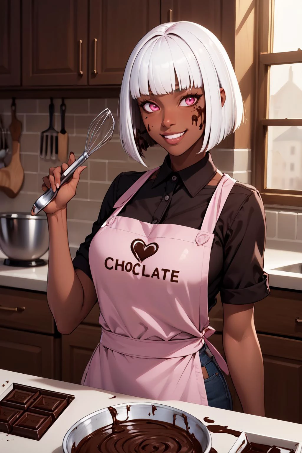 (masterpiece,best quality,edgQuality),IncrsChocoMaker,1girl,dark-skinned female,bob cut,white hair,blunt bangs,pink eyes,grin,apron, food on face, kitchen, (chocolate on body:1.3),whisk <lora:ChocolateMaking:1>