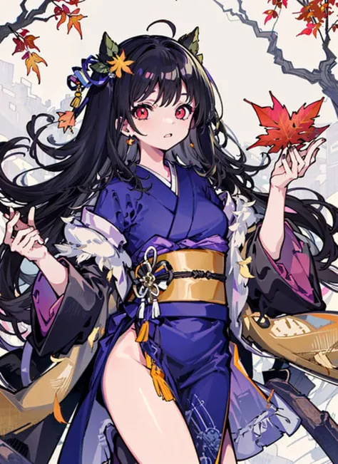 <lora:SecretSauce610:1>,1girl, breasts, autumn_leaves, leaf, maple_leaf, falling_leaves, autumn, tree, solo, branch, red_eyes, holding_leaf, leaf_background, 1girl, japanese_clothes, looking_at_viewer, bangs, kimono