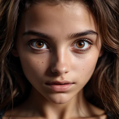 Extreme close up shot, focus on eyes,beautiful 18 y.o. woman with Brown eyes,highly detailed skin with hairs