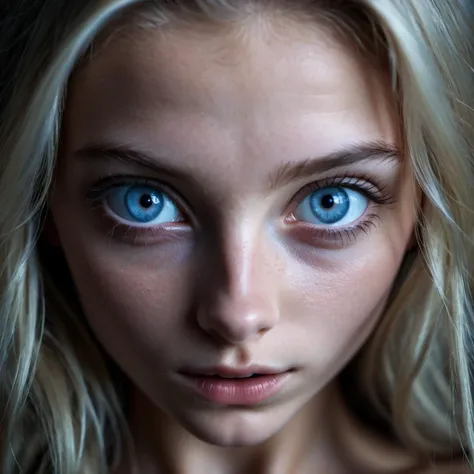 Extreme close up shot, focus on eyes,beautiful 18 y.o. woman with Blue eyes,highly detailed skin with hairs