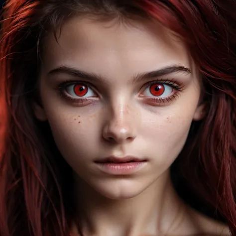 Extreme close up shot, focus on eyes,beautiful 18 y.o. woman with Red eyes,highly detailed skin with hairs