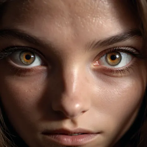 Extreme close up shot, focus on eyes,beautiful 18 y.o. woman with Amber eyes,highly detailed skin with hairs