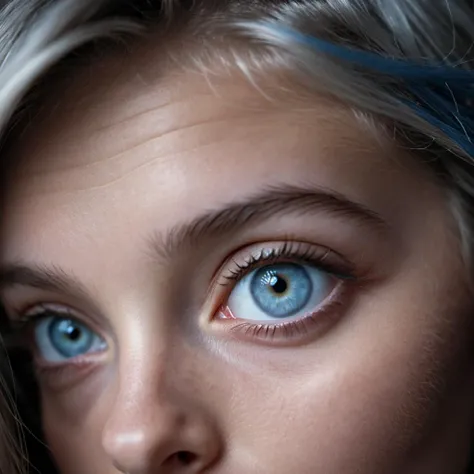 Extreme close up shot, focus on eyes,beautiful 18 y.o. woman with Gray-Blue eyes,highly detailed skin with hairs