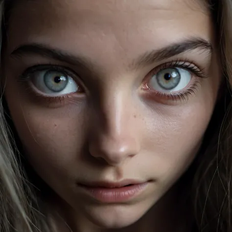 Extreme close up shot, focus on eyes,beautiful 18 y.o. woman with Gray eyes,highly detailed skin with hairs