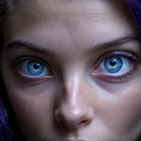 Extreme close up shot, focus on eyes,beautiful 18 y.o. woman with Violet-Blue eyes,highly detailed skin with hairs