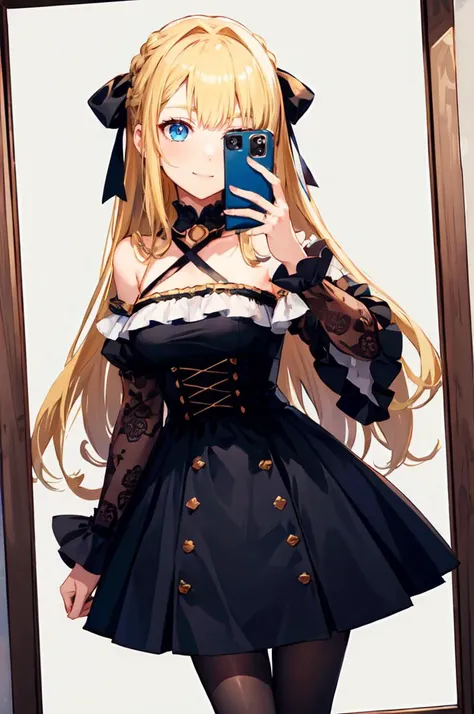 <lora:pose selfie mirror:1> selfie, mirror, ultra detailed, masterpiece, best quality, solo, soft smile, light smile,
1girl, blue eyes, very long hair, blonde hair, long blonde hair, french braid, bangs, medium breasts,
hair ribbon, frilled choker, criss-cross halter, sleeveless dress, high-waist skirt, backless dress, waist bow, detached sleeves, frilled sleeves, wide sleeves, pantyhose, patterned legwear, mary janes,