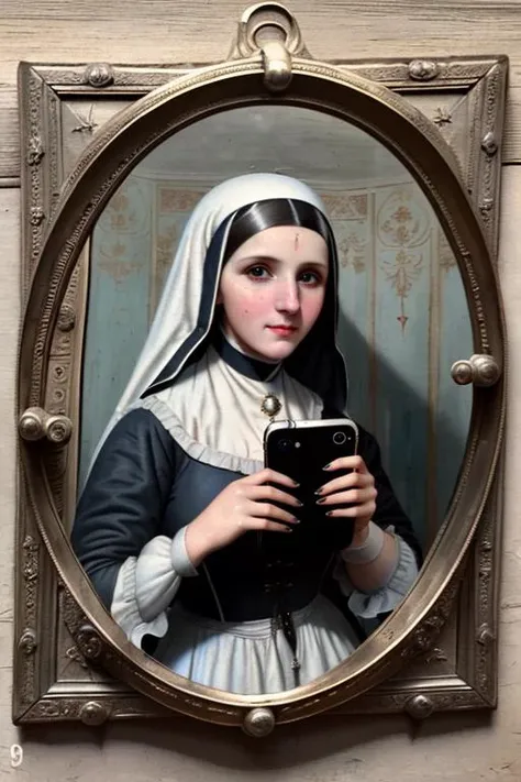 romanian nun, convent, mirror selfie pose, (1800's, antique photography:1.6), <lora:pose selfie mirror:0.4>