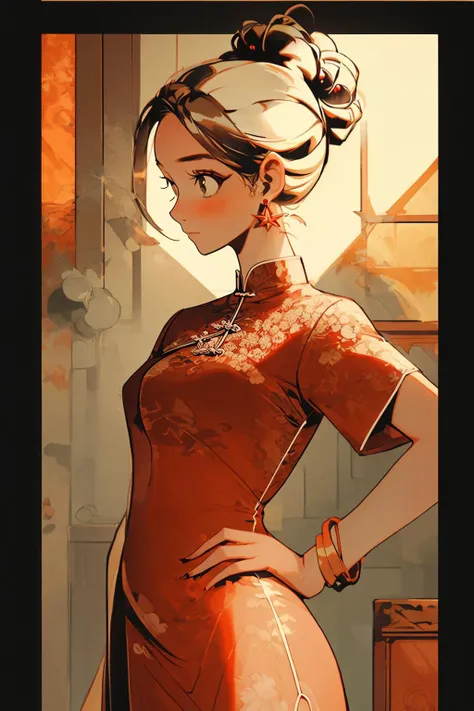 <lora:han-000005:1>1girl, jewelry, chinese clothes, solo, china dress, dress, hand on hip, earrings, hair bun, red dress, short sleeves, blush, single hair bun, breasts, letterboxed, bracelet, closed mouth, brown hair, arm up, flower, short hair, medium breasts, indoors, looking away, window
