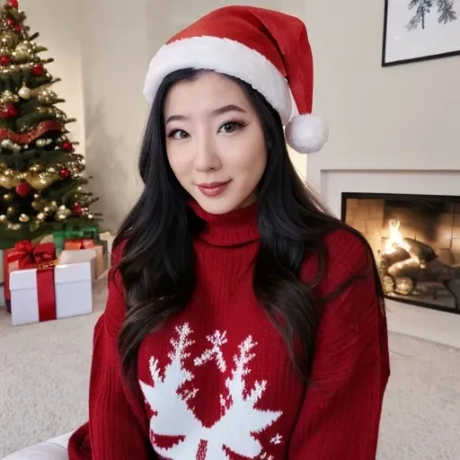<lora:fuslie_sd15_512_128_64_v1:1> picture of fuslie long dark black hair, 1girl wearing red christmas santa hat, wearing a turtleneck sweater, cozy fireplace in background, christmas decoration in background,