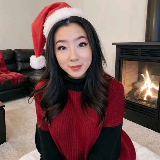 <lora:fuslie_sd15_512_128_64_v1:1> picture of fuslie long dark black hair, 1girl wearing red christmas santa hat, wearing a turtleneck sweater, cozy fireplace in background, christmas decoration in background,