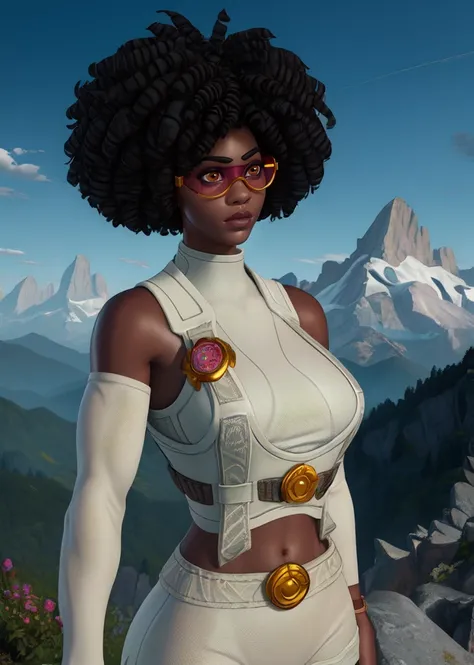 innovator,black hair,afro,brown eyes,
tinted eyewear,detached sleeves,white bodysuit,
standing,upper body,
mountains,
(insanely detailed, beautiful detailed face,beautiful detailed eyes, masterpiece, best quality),<lora:InnovatorSlone-10v7:0.8>,