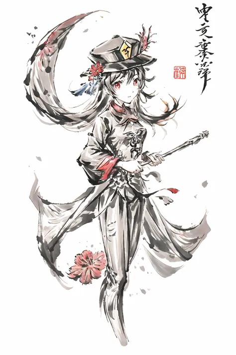 hutao\(genshinimpact\),flower,red_flower,solo,hat,long_hair,looking_at_viewer,chinese_clothes,1girl,hat_flower,brown_hair,closed_mouth,hibiscus,red_rose,spider_lily,bangs,kbxll,(NUDE),HD,raiseyourhand ,1 gir