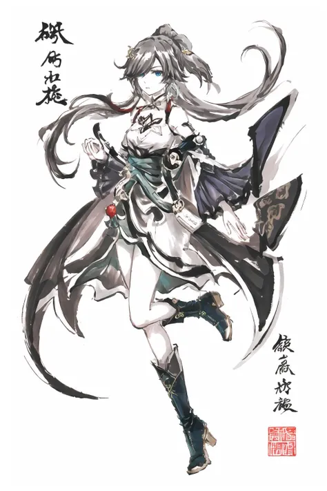 masterpiece,best quality,
<lora:yunmo-v100:1> ,yunmo, 1girl, fu hua, hair over one eye, chinese clothes, blue eyes, very long hair, china dress, boots, dress, hair ornament, bare shoulders, bangs, ponytail, <lora:pomo1.2:1>,