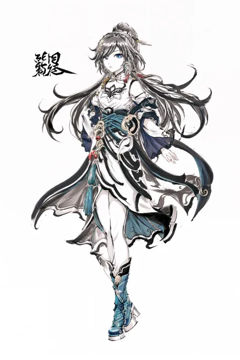 masterpiece,best quality,white background, simple background,
<lora:yunmo-v100:1>, yunmo, 1girl, fu hua, hair over one eye, chinese clothes, blue eyes, very long hair, china dress, boots, dress, hair ornament, bare shoulders, bangs, ponytail, <lora:pomo1.3:1>
