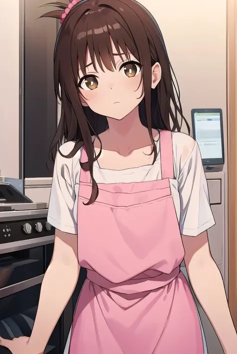 mikanyuuki, <lyco:mikanyuuki-LYCORIStest:1>,
mikan yuuki, (brown eyes:1.5), brown hair, hair ornament, hair scrunchie, long hair, pink scrunchie, scrunchie, (flat chest:1.2),
BREAK apron, blouse, collarbone, layered skirt, pink shirt, shirt, short sleeves, skirt, yellow apron,
BREAK looking at viewer,
BREAK indoors, kitchen,
BREAK <lora:GoodHands-vanilla:1>, (masterpiece:1.2), best quality, high resolution, unity 8k wallpaper, (illustration:0.8), (beautiful detailed eyes:1.6), extremely detailed face, perfect lighting, extremely detailed CG, (perfect hands, perfect anatomy),