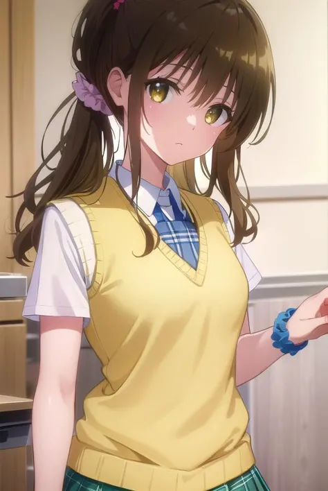 mikanyuuki, <lyco:mikan yuuki darkness-lyco-nochekaiser:1>,
mikan yuuki, (brown eyes:1.5), brown hair, hair ornament, hair scrunchie, long hair, pink scrunchie, scrunchie, (flat chest:1.2),
BREAK green skirt, plaid, plaid skirt, sainan high school uniform, school uniform, skirt, shirt, white shirt, sweater vest, (yellow sweater vest:1.5),
BREAK indoors, classroom,
BREAK looking at viewer, (cowboy shot:1.5),
BREAK <lyco:GoodHands-beta2:1>, (masterpiece:1.2), best quality, high resolution, unity 8k wallpaper, (illustration:0.8), (beautiful detailed eyes:1.6), extremely detailed face, perfect lighting, extremely detailed CG, (perfect hands, perfect anatomy),