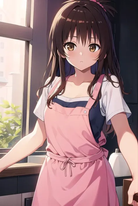 mikanyuuki, <lyco:mikanyuuki-LYCORIStest:1>,
mikan yuuki, (brown eyes:1.5), brown hair, hair ornament, hair scrunchie, long hair, pink scrunchie, scrunchie, (flat chest:1.2),
BREAK apron, blouse, collarbone, layered skirt, pink shirt, shirt, short sleeves, skirt, yellow apron,
BREAK looking at viewer,
BREAK indoors, kitchen,
BREAK <lora:GoodHands-vanilla:1>, (masterpiece:1.2), best quality, high resolution, unity 8k wallpaper, (illustration:0.8), (beautiful detailed eyes:1.6), extremely detailed face, perfect lighting, extremely detailed CG, (perfect hands, perfect anatomy),