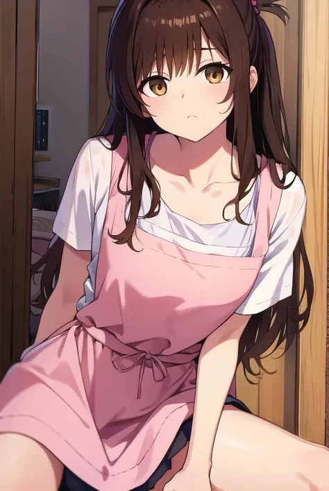mikanyuuki, <lyco:mikanyuuki-LYCORIStest:1>,
mikan yuuki, (brown eyes:1.5), brown hair, hair ornament, hair scrunchie, long hair, pink scrunchie, scrunchie, (flat chest:1.2),
BREAK apron, blouse, collarbone, layered skirt, pink shirt, shirt, short sleeves, skirt, yellow apron,
BREAK looking at viewer,
BREAK indoors, kitchen,
BREAK <lora:GoodHands-vanilla:1>, (masterpiece:1.2), best quality, high resolution, unity 8k wallpaper, (illustration:0.8), (beautiful detailed eyes:1.6), extremely detailed face, perfect lighting, extremely detailed CG, (perfect hands, perfect anatomy),