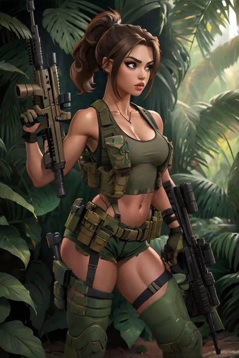 <lora:tactigals-dennuz666:1.00>, beautiful woman wearing army gear, tank top, hotpants, military belt, jungle, military boots, brown hair, ponytail, gun holster, cleavage, navel || skin, hair, clothing, guns, jungle, masterpiece, 8k, high resolution, shallow depth of field, sharp focus