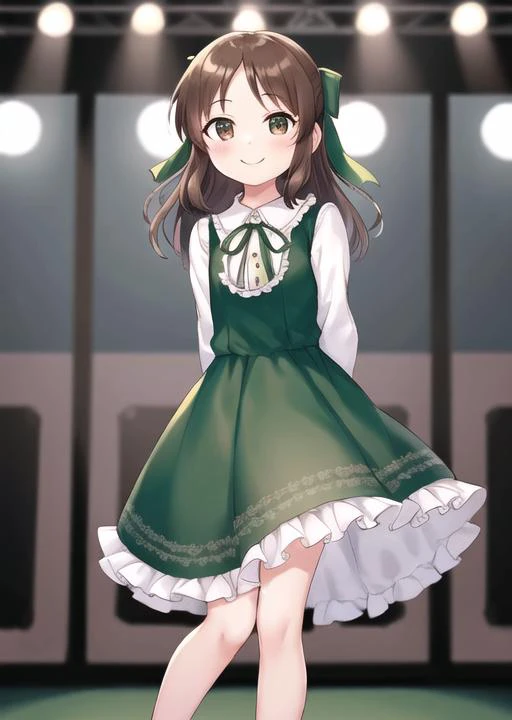 arsprty, 1girl, solo, brown hair, brown eyes,
long sleeves, dress, green dress, frills, frilled shirt collar, white shirt, green bow, hair bow, neck ribbon, sleeveless, sleeveless dress, collared shirt, frilled sleeves,
standing, stage, smile, arms behind back,full body, 
<lora:arisu-outfits-v1.6:0.55>