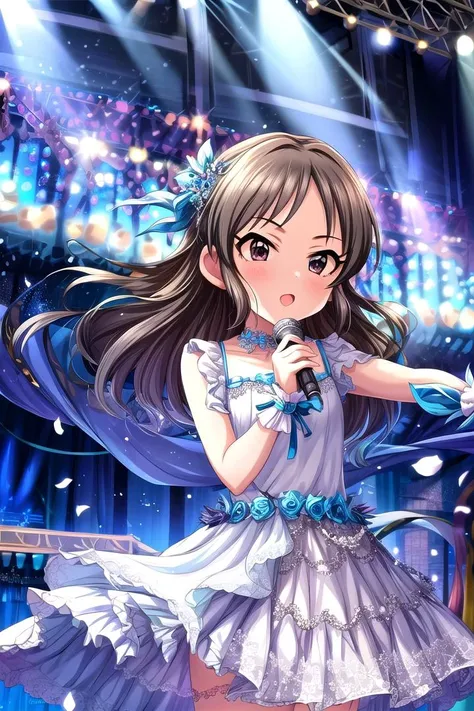 1girl, (8k, best quality, masterpiece, perfect lighting:1.2),dynamic angle,
a photo of a precocious cute girl, tachibana arisu, idolmaster cinderella girls,  singing on the stage, (kawaii:1.2),
grabbing one microphone, detailed microphone,
detailed grossy bule dress, (luxury stage dress1.2), flat chest, floating hair, medium hair,
sfw,
<lora:flat2:-1> <lora:arisu-cg768:1>