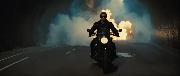 cinematic film still of  <lora:Terminator style:0.8>
In the 1980's Terminator a man riding a motorcycle through a tunnel with big explosion in background,solo,from behind,helmet,ground vehicle,scenery,motor vehicle,1other,light,road,motorcycle,ambiguous gender , horror themed, dark themed, low key light, dramatic light, dramatic shadow light, contrast, cinematic color, cinematic look, filmic, realistic, realism, perfection, perfect, Kodak, Kodak film, movie still, Terminator style, The Terminator 1984 Film style, shallow depth of field, vignette, highly detailed, high budget, bokeh, cinemascope, moody, epic, gorgeous, film grain, grainy