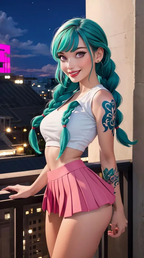 <lora:edgBlondeBimboDollLikeness:1> 1girl, arm tattoo, asymmetrical bangs, bangs, blue hair, braid, cloud tattoo, looking at viewer, laughing, crazy, uncontrollable laugh, mad look, night, city, green hair, long hair, midriff, pink eyes, red lips, solo, standing, tattoo, twin braids, upper body, wide hips, thick thighs (white pleated miniskirt:1.2), <lora:microskirt_v0.2:0.8>
