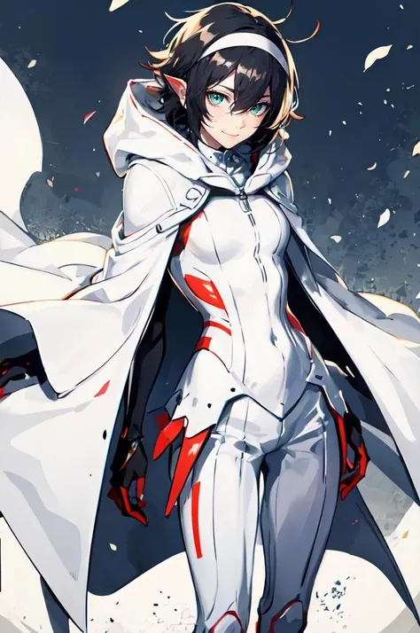 <lora:2lianhua:0.8> monster girl, digitigrade,, ultra detailed, masterpiece, best quality, solo, smile, 1boy, green eyes, short hair, black hair, bangs, hair between eyes, messy hair, goggles on head, headband, white coat, hooded coat, hood down, open coat, turtleneck, capri pants, pants, black knee boots,