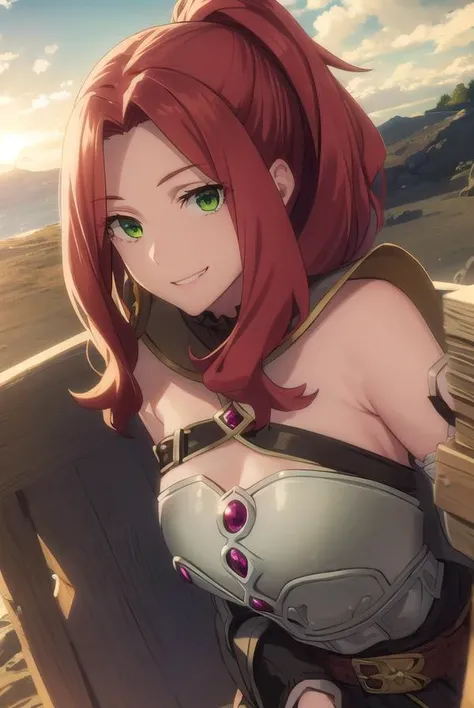maltymelromarc, <lora:malty melromarc s1s2s3-lora-nochekaiser:1>,
malty melromarc, long hair, (green eyes:1.3), red hair, (parted bangs:1.5), ponytail, smile, grin,
BREAK bare shoulders, belt, cape, armor, breastplate,
BREAK outdoors, forest, nature, sky, sun, clouds,
BREAK looking at viewer, (cowboy shot:1.5),
BREAK <lyco:GoodHands-beta2:1>, (masterpiece:1.2), best quality, high resolution, unity 8k wallpaper, (illustration:0.8), (beautiful detailed eyes:1.6), extremely detailed face, perfect lighting, extremely detailed CG, (perfect hands, perfect anatomy),