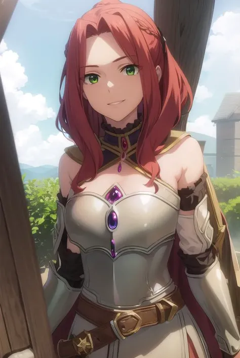 maltymelromarc, <lora:malty melromarc s1s2s3-lora-nochekaiser:1>,
malty melromarc, long hair, (green eyes:1.3), red hair, (parted bangs:1.5), ponytail, smile, grin,
BREAK bare shoulders, belt, cape, armor, breastplate,
BREAK outdoors, forest, nature, sky, sun, clouds,
BREAK looking at viewer, (cowboy shot:1.5),
BREAK <lyco:GoodHands-beta2:1>, (masterpiece:1.2), best quality, high resolution, unity 8k wallpaper, (illustration:0.8), (beautiful detailed eyes:1.6), extremely detailed face, perfect lighting, extremely detailed CG, (perfect hands, perfect anatomy),