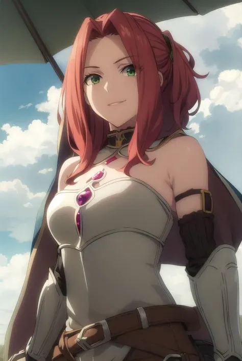 maltymelromarc, <lora:malty melromarc s1s2s3-lora-nochekaiser:1>,
malty melromarc, long hair, (green eyes:1.3), red hair, (parted bangs:1.5), ponytail, smile, grin,
BREAK bare shoulders, belt, cape, armor, breastplate,
BREAK outdoors, forest, nature, sky, sun, clouds,
BREAK looking at viewer, (cowboy shot:1.5),
BREAK <lyco:GoodHands-beta2:1>, (masterpiece:1.2), best quality, high resolution, unity 8k wallpaper, (illustration:0.8), (beautiful detailed eyes:1.6), extremely detailed face, perfect lighting, extremely detailed CG, (perfect hands, perfect anatomy),
