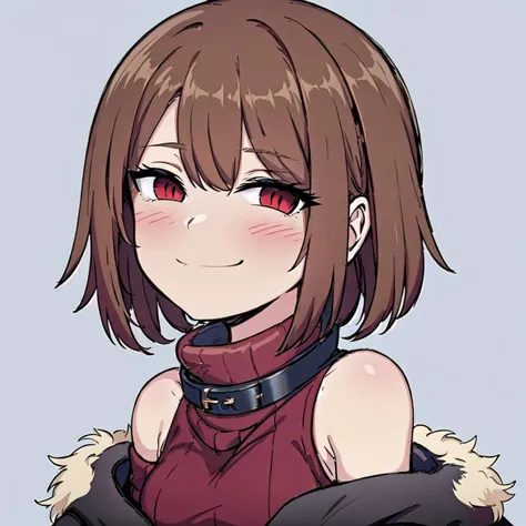 (masterpiece, best quality), charaSF, 1girl, solo, short hair, brown hair, red eyes, collar, black jacket, off shoulder, fur trim, red sweater, ribbed sweater, turtleneck, shoulder cutout, long sleeves, black shorts, blush, <lora:Chara__Storyfell-Undertale-000009:0.7>, <lora:smug face meme:0.8>, smug_face_meme