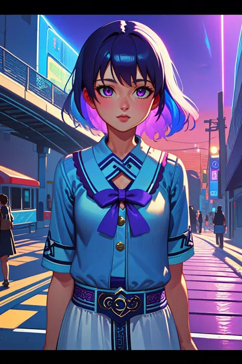 1girl, [ (cloudscape art stylized by Maurice Utrillo:0.8) : (Stephen Shore:1.1) : (Jeff Kinney:1.3) :13], vibrant Airbrush painting, highly detailed, upper body shot of a dark blue Techno ([Wallet:Pedestrian bridge:1]:1.3) , it is very Dense and Dreadful, it is engraved with Celtic knot and Sexy patterns, it is with dark violet accessories, centered DayGlo orange and Purple background, Vibrant street with Shrub, at Dawn, Bokeh, Proud, Geometric Style, Nostalgic lighting, pinhole lens, Colorful, Instagram, Folded Gold, award winning, RTX