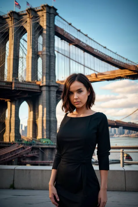 Instagram picture of a beautiful woman, wearing black dress, Legendary Brooklyn Bridge, NYC, large crowd, portait, epic character composition,by ilya kuvshinov, alessio albi, nina masic,sharp focus, subsurface scattering, f2, 35mm, film grain <lora:DillionH:1>