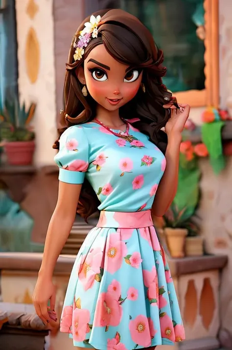 beautiful woman wearing a floral skirt, intricate details, happy   <lora:DillionH:1>