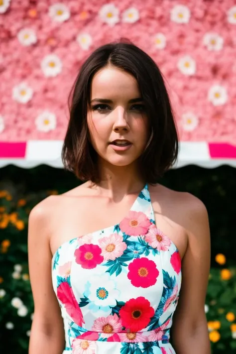 A stunning intricate full color portrait of a woman, wearing a floral dress, having fun, epic character composition,by ilya kuvshinov, alessio albi, nina masic,sharp focus, natural lighting, subsurface scattering, f2, 35mm, film grain, full body in the picture   <lora:DillionH:1>