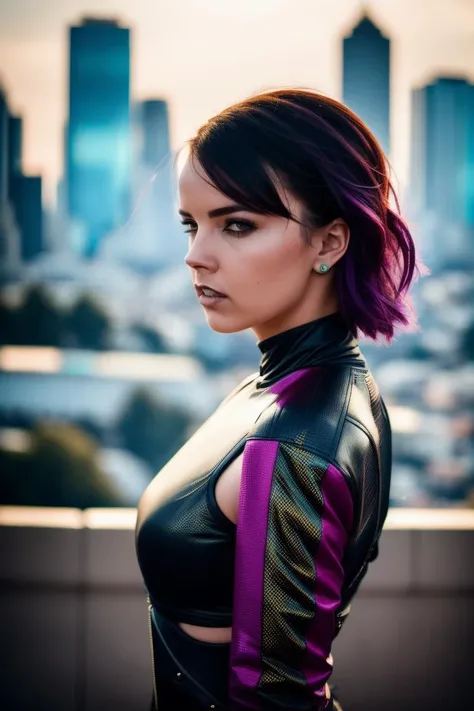 A stunning intricate full color portrait of a woman, wearing a cool cyberpunk outfit,cyberpunk city in the background, happy, epic character composition,by ilya kuvshinov, alessio albi, nina masic,sharp focus, natural lighting, subsurface scattering, f2, 35mm, film grain, full body in the picture <lora:DillionH:1>