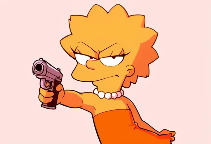 source_cartoon, <lora:Lisa_Simpsons_for_PonyXL:0.8>, lisa_simpson, rating_safe, 1girl, short hair, flat chest, pointing pistol at viewer, orange dress, pearl necklace, glare, holding badge, score_9, score_8_up, score_7_up, score_6_up, score_5_up, score_4_up