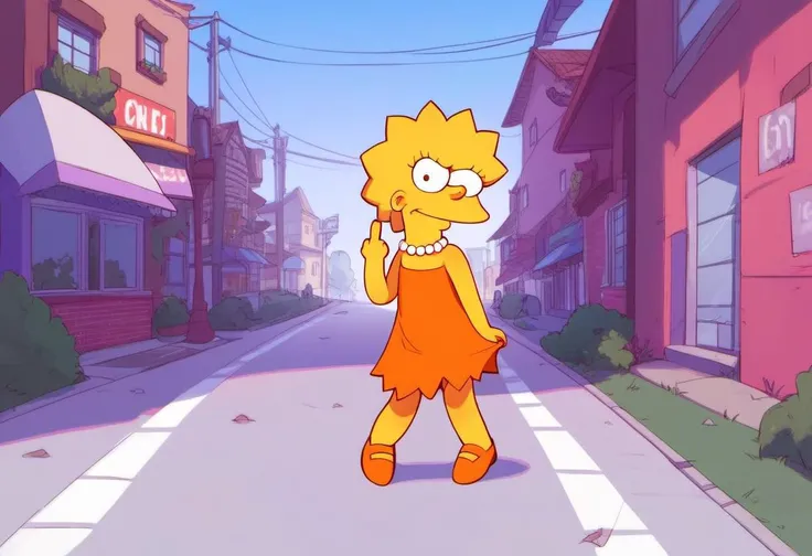 source_cartoon, <lora:Lisa_Simpsons_for_PonyXL:0.8>, lisa_simpson, rating_safe, 1girl, short hair, flat chest, pointing pistol at viewer, orange dress, pearl necklace, glare, middle finger pointed at viewer, standing on a city street, day, outdoors, score_9, score_8_up, score_7_up, score_6_up, score_5_up, score_4_up