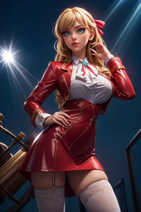 (ultra realistic,32k,RAW photo:1.1),(high detailed skin:1.1), 8k uhd, dslr, high quality, film grain, (makeup, mascara:1.2), lips,(thick\lips\)
(shiny glossy translucent clothing:1.1),1women, <lora:Claire:0.7> ClaireFran, CLaireFran,white thighhighs,long sleeves, jewelry,bangs, ascot,ribbon,brooch,red jacket,drill hair, hair bow, blue eyes, bow, school uniform,blonde hair, long hair,drill hair,, huge breast, <lora:add_detail:0.83>,
Mimicking a fencing pose,
(busty:1.1) , (chubby:0.1),(Absolute Zero dense light rays exposure:1.3),<lora:LowRA:0.4>, dark theme, A hurricane-ravaged environment with lots of broken glass and scattered items, glowing lights background