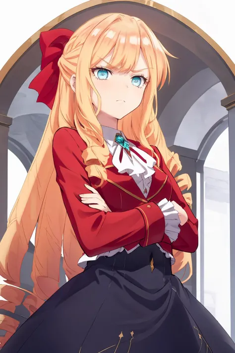 <lora:Claire-10:1>,ClaireFran,1girl,blue eyes,blonde hair,drill hair,hair bow,standing,arms_crossed,((from_below)),(looking_at_viewer:1.5),<lora:loraGoodHands-beta2:1>,nice hands,((shaded_face)),disgust,contempt,scowl,
