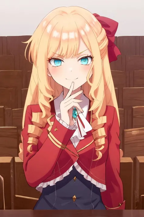 <lora:Claire-10:1>,ClaireFran,1girl,blue eyes,blonde hair,drill hair,hair bow,<lora:loraGoodHands-beta2:1>,nice hands,<lora:Smug:1>,smug,