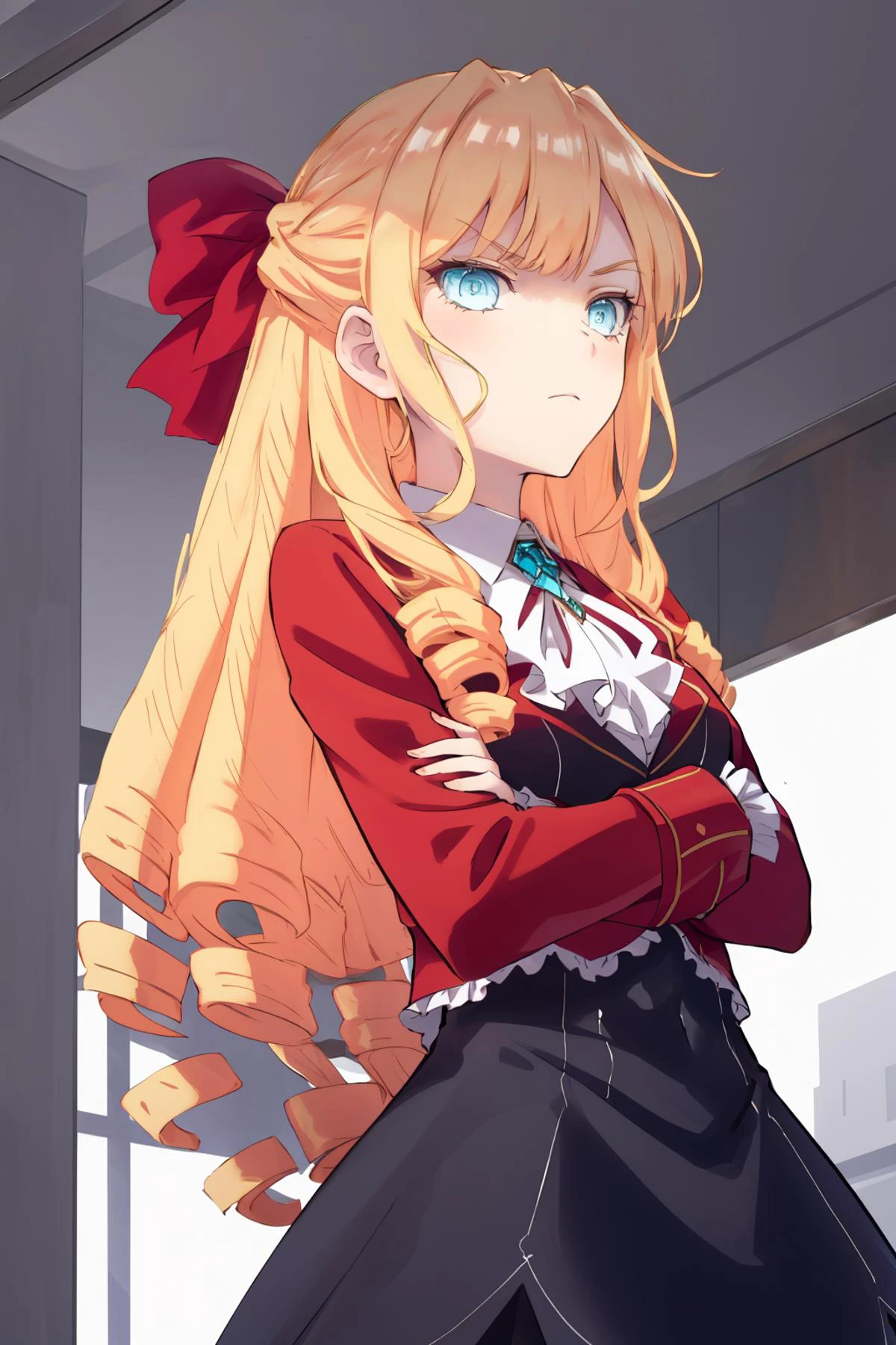 <lora:Claire-10:1>,ClaireFran,1girl,blue eyes,blonde hair,drill hair,hair bow,standing,arms_crossed,((from_below)),(looking_at_viewer:1.5),<lora:loraGoodHands-beta2:1>,nice hands,(shaded_face:1.5),scowl,