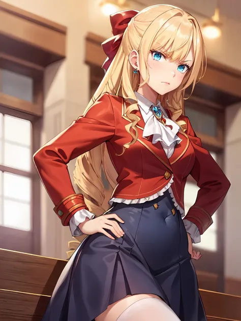 (extremely detailed CG), (best quality), perfect face, shiny skin, lustrous skin,wide hips, 1girl,solo , <lora:Claire-10:0.7> ClaireFran,long sleeves, jewelry,bangs, ascot,ribbon,brooch,(red jacket:1.3),drill hair, hair bow, blue eyes, bow,blonde hair, long hair,drill hair,blue long skirt,full body,white thighhighs, angry, disgusted,hands on hips