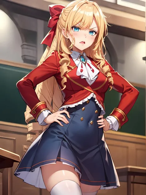 (extremely detailed CG), (best quality), perfect face, shiny skin, lustrous skin,wide hips, 1girl,solo , <lora:Claire-10:0.7> ClaireFran,long sleeves, jewelry,bangs, ascot,ribbon,brooch,(red jacket:1.3),drill hair, hair bow, blue eyes, bow,blonde hair, long hair,drill hair,(blue skirt:1),full body,white thighhighs, angry, disgusted,hands on hips,school background,