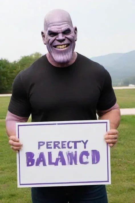 masterpiece,high quality,
<lora:PE_HoldingSign:0.8> PEHoldingSign,
thanos holding a sign that says perfectly balanced