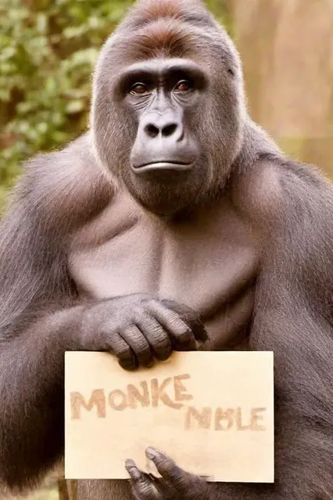 <lora:PE_HoldingSign:0.8> PEHoldingSign,
<lora:PE_Harambe:1> PEHarambe,holding a sign that says, monke