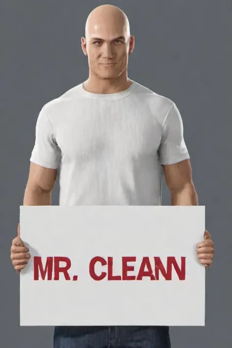 <lora:PE_HoldingSign:0.8> PEHoldingSign,
<lora:PE_Hitman47:1> PEHitman,smiling,
holding a sign that says MR Clean