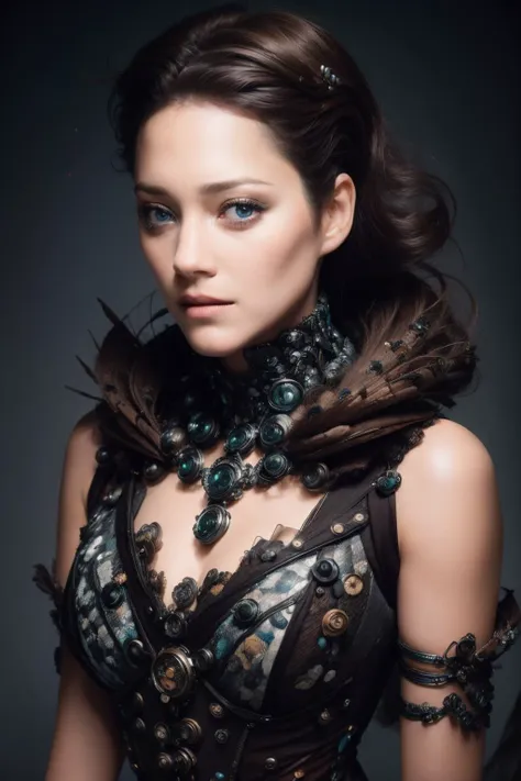 <lora:Marion_Cotillard:0.85> <lora:rmadart3NoiseoffsetSD1_v10:1>, <lora:solarpunkai_v10:1> , sexual biomechanical hacker - shaman of the sisterhood of cables wearing cable - dress made of cables with biomechanical filigree, super haute couture highly detailed eye, focus on eyes and face, highly detailed lips, highly detailed skin, bokeh, lenseflare, by Emil Melmoth, Marcin Nagraba, Rebecca Millen, shot with Hasselblad X1D - 50c