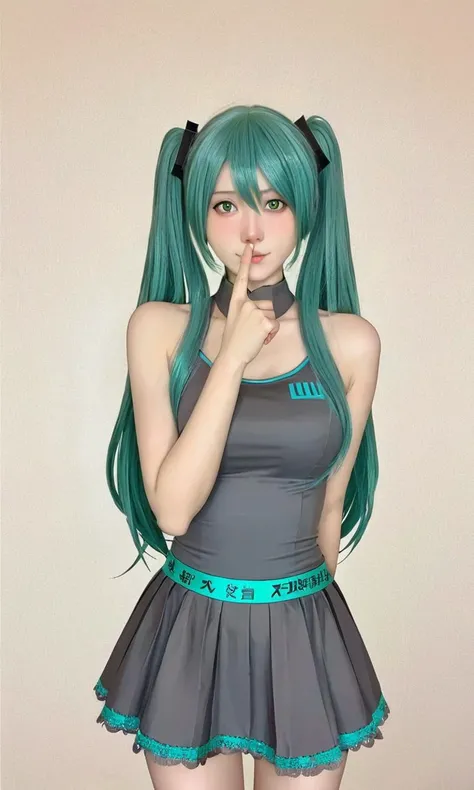 Caricature, Score_9, Score_8_up, Score_7_up, hatsune miku (cosplay,green hair,Long hair,Double ponytail,Grey Lace Skirt,gray sleeveless shirt,V_over mouth, exaggerated, comical, caricature